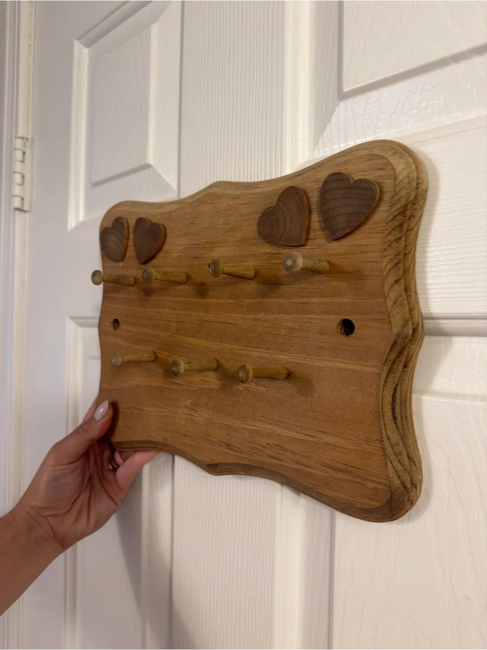 Vintage Wooden Heart Wall Hook Rack in Warm Brown